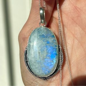 😵 Rainbow flash moonstone pendant necklace amulet blue 2” large chunky crystal